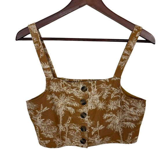 American Eagle Palm Tree Leaf Mustard Cotton Linen Crop Tank Top Women's Small - Picture 2 of 5